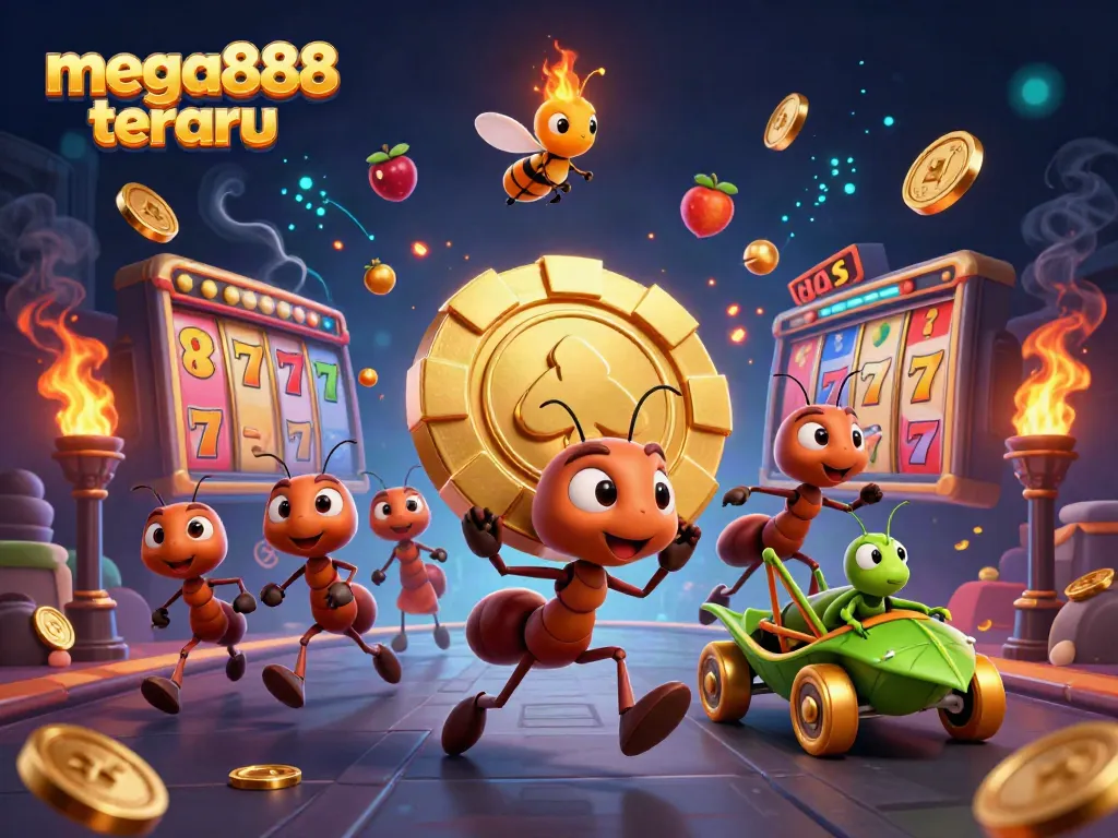 Engaging 3D illustration showcasing mega888 terbaru with cartoon ants carrying a golden poker chip amid vibrant casino symbols.