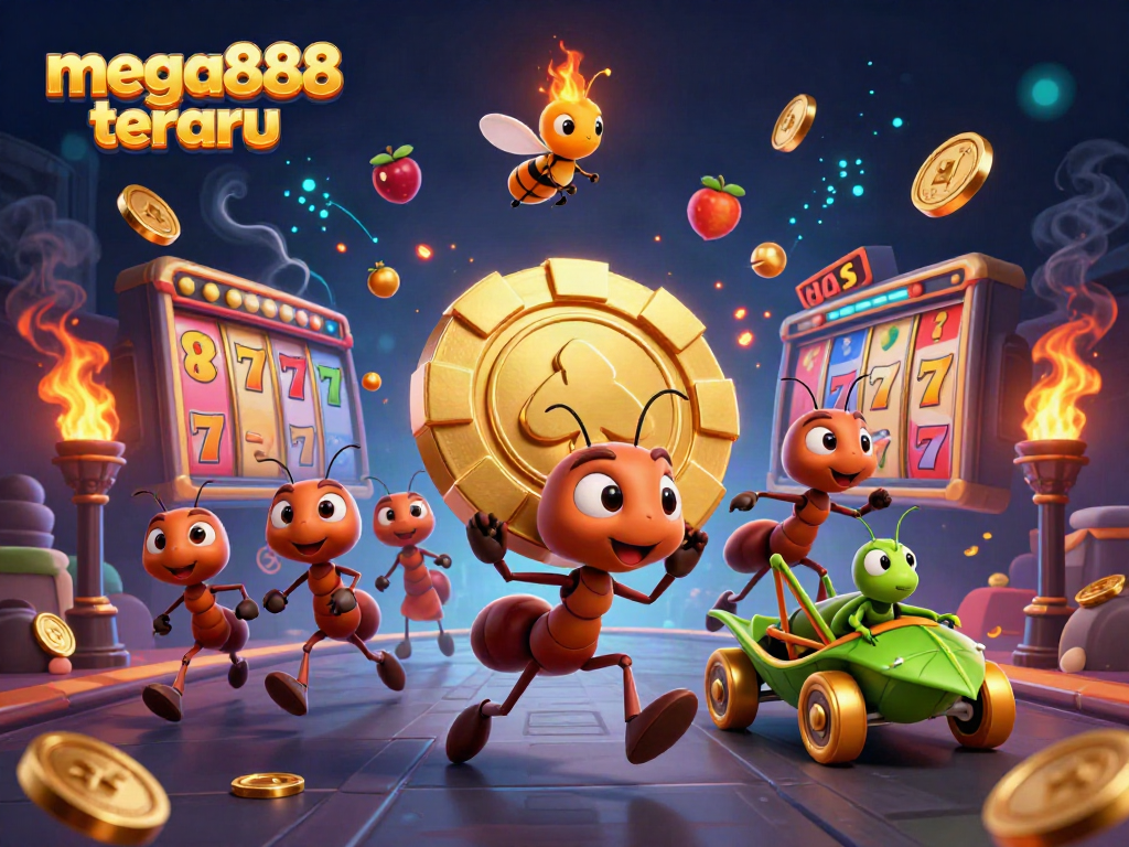 Engaging 3D illustration showcasing mega888 terbaru with cartoon ants carrying a golden poker chip amid vibrant casino symbols.