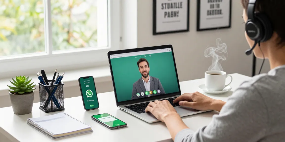 Working with WhatsApp電腦版 in a modern home office, featuring video call and productivity elements.