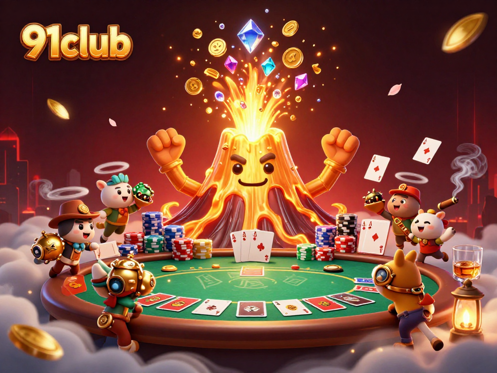Experience the thrill at 91club as golden volcano erupts with treasure amidst lively casino elements.