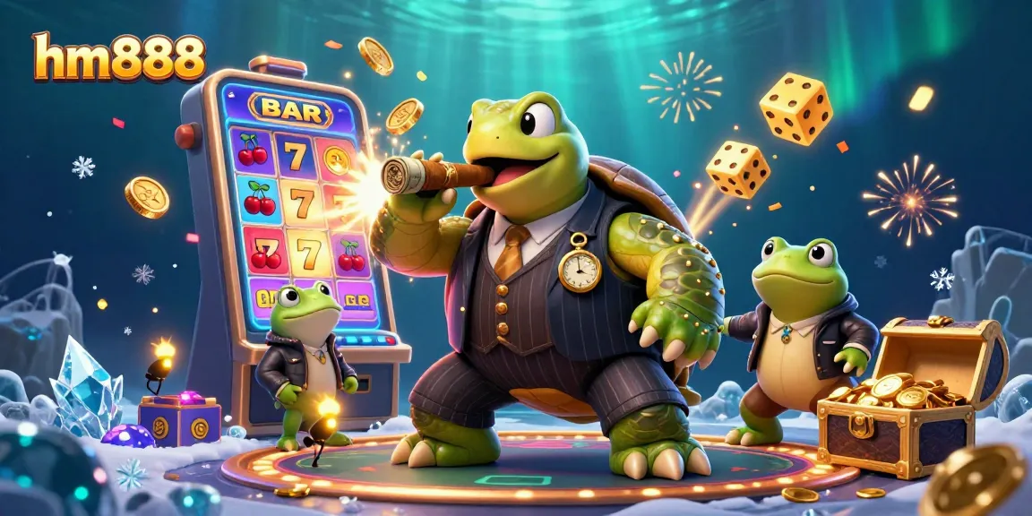 Spin and win big with hm888 as the animated turtle and bullfrog enforcers celebrate casino fortunes.