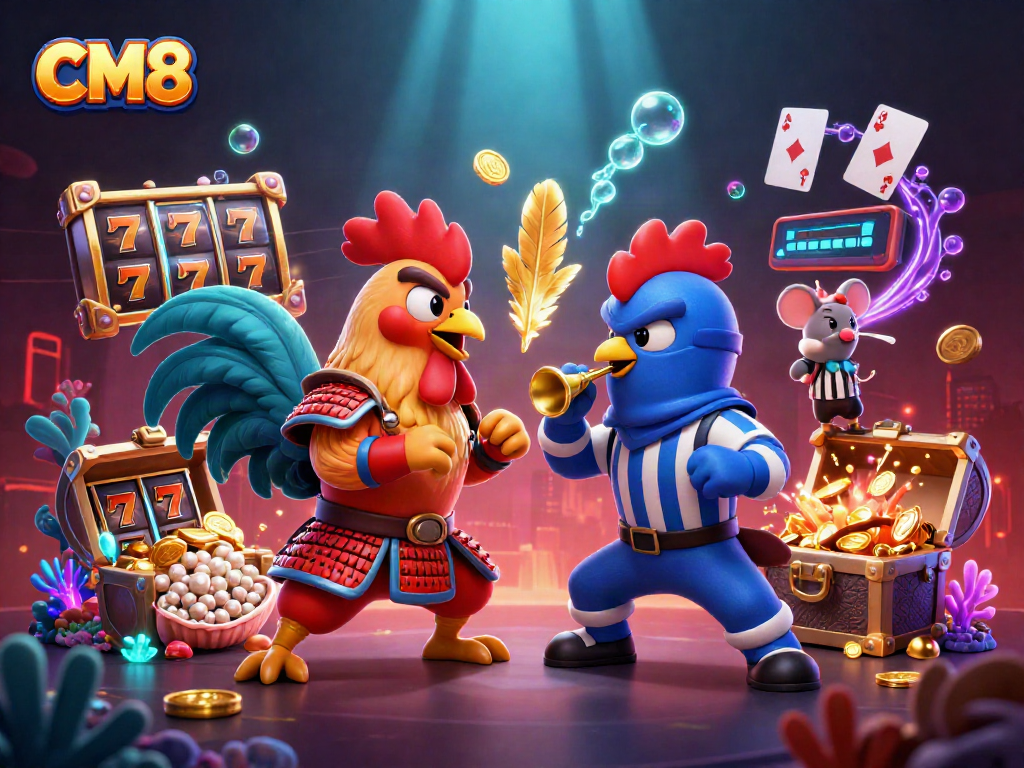 Engage in thrilling gameplay with CM8 featuring colorful slots and spirited fighting roosters.