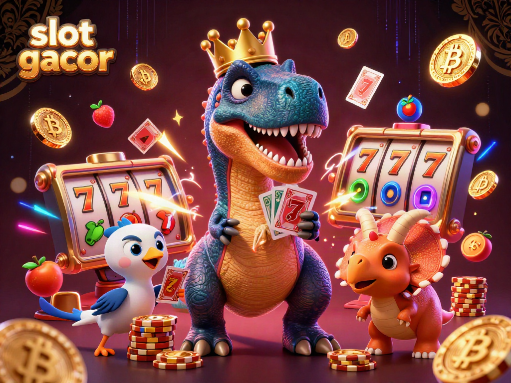 Engage in slot gacor excitement with a T-Rex and friends amidst vibrant slot reels and crypto coins.