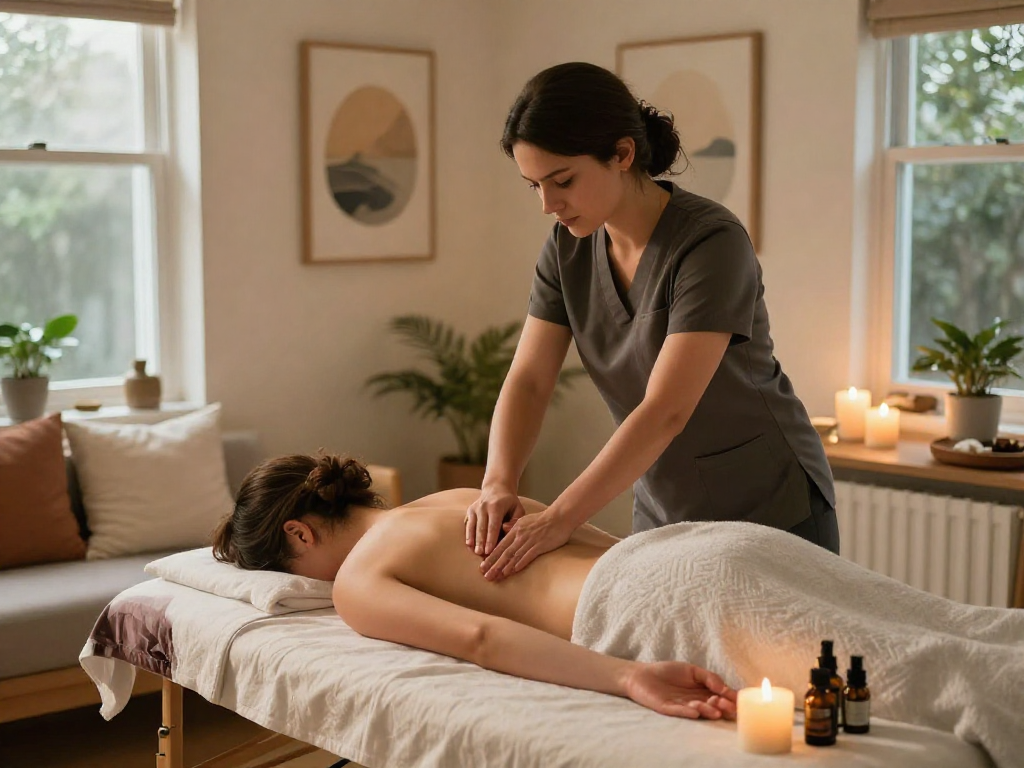 종로출장마사지 scene with a professional therapist providing a calming Swedish massage in a cozy apartment setting.