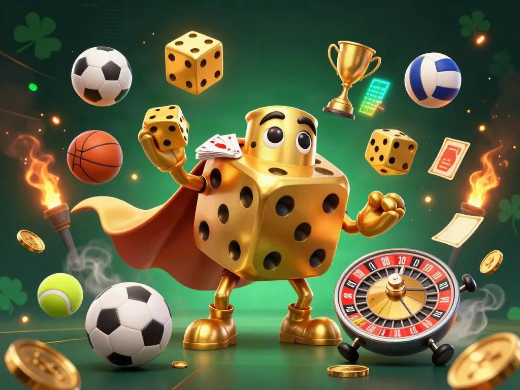 Engage with xoso66's vibrant gambling scene featuring golden dice and sports elements in a dynamic composition.