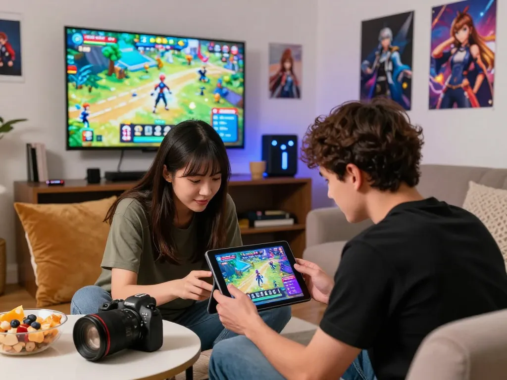 Interactive scene showcasing diverse players enjoying a porno game in a cozy living room.