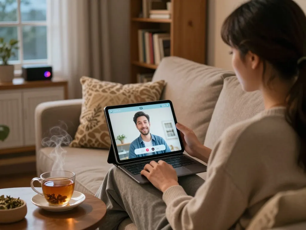 Engaging in ai sex chat through a tablet in a cozy living room, highlighting emotional connection.