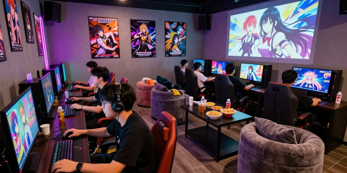 Gamers enjoying immersive ecchi simulator experiences in a vibrant gaming lounge.